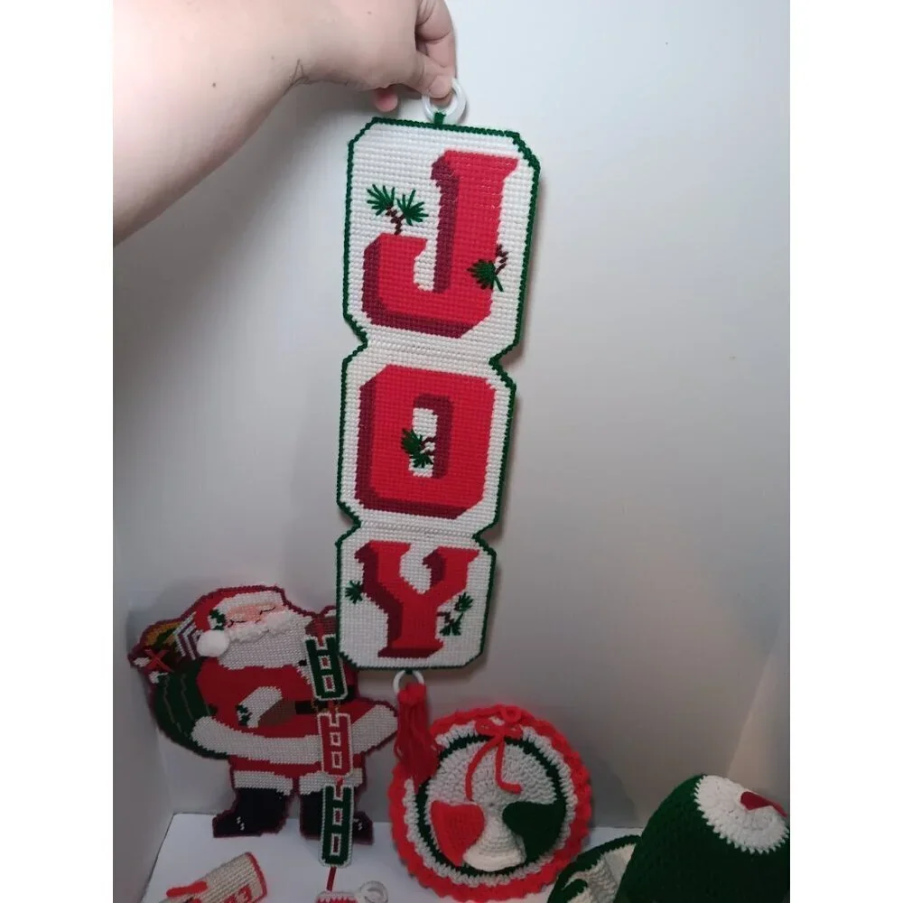 Vtg Lot Of 6 Handmade Plastic Canvas Needlepoint Santa Claus Christmas Decor